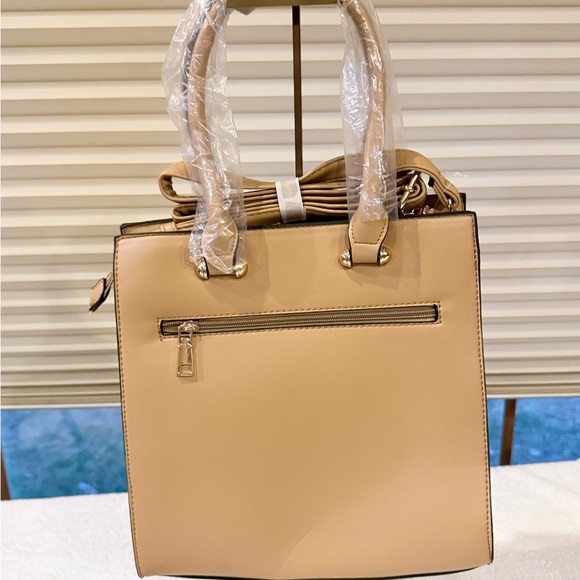 Vegan Leather Tan Woven Tote Bag with Crossbody Strap - Picture 5 of 12